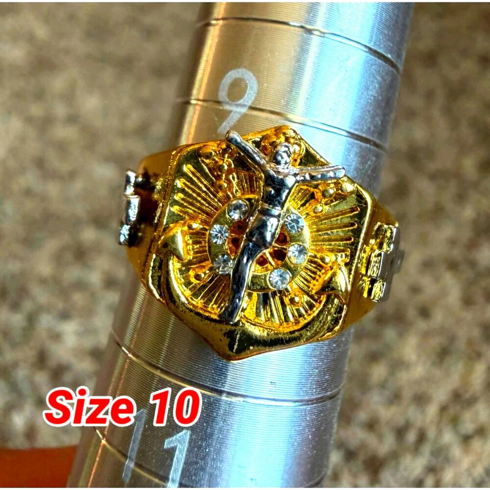 Men's NEW size 10 Jesus Cross CZ Gold & Silver 2 Tone Christian/Cross Ring